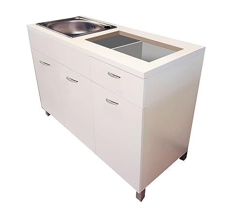 MABEL Mobile Cucina Bianco con 3 Ante e 1 Cassetto con Foro per Piano Cottura 2 Fuochi e Lavello Cucina Mobile da Cucina in Legno Nobilitato Antigraffio Facile da Montare - L 120 x P 50 x H 85 cm