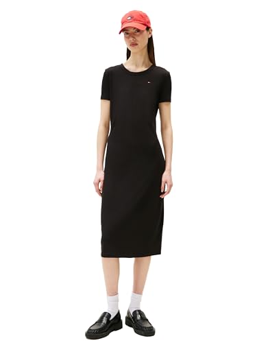 Tommy Jeans Vestido midi colado ao corpo feminino com detalhe de logotipo, Preto, M