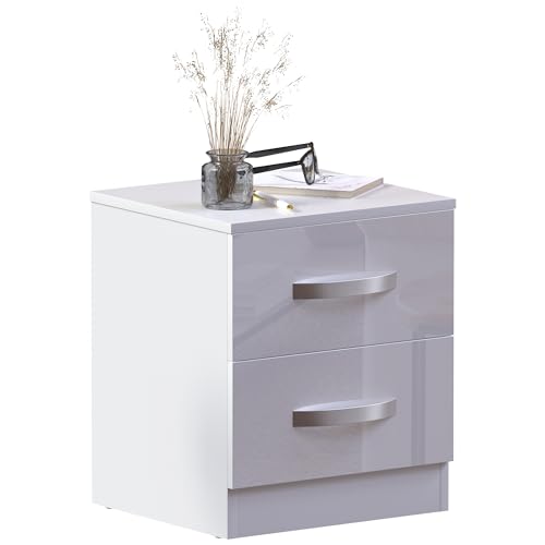 Movian Amazon Brand High Gloss Bedside Cabinet White, 2 Drawer With Metal Handles and Runners, Unique Anti-Bowing Drawer Support, Bedroom Furniture