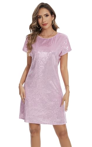 Image of Women's Crewneck Sequin Shift Dress Short Sleeve Casual Holiday Sparkly Party Dress
