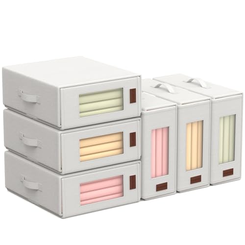 Bed Sheet Organizers Storage Foldable: Beige 6 Packs King/Queen Size with Window and Label - Bedding Container Linen Closet Box Under Bed for Blanket Duvet Cover Set - Eco-Friendly Home Essentials