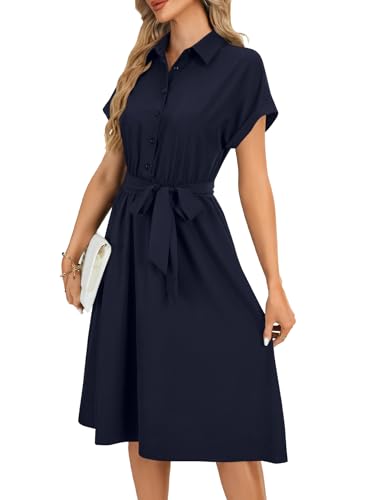 Image of Vrtige Women's Collar Neck Button Down Tie Waist Short Sleeve A Line Midi Shirt Dress