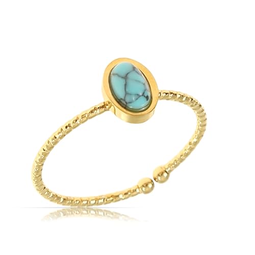 Made by Nami Bagues Circulaires Boho en Or pour Femmes Anneaux Ouverts Réglables en Plaqué Or Avec Pierre Précieuse Ovale Turquoise pour Femmes