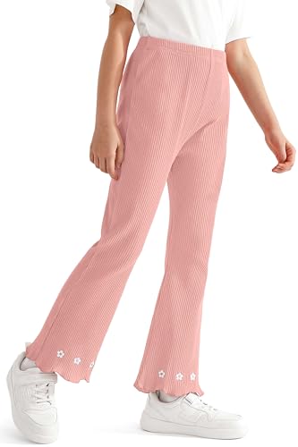 CVXV Little Girl's Knitted Ribbed Bell Bottoms Trousers Ruffle Leggings Bell-Bottomed Flare Pants,Pink,8-9 Years