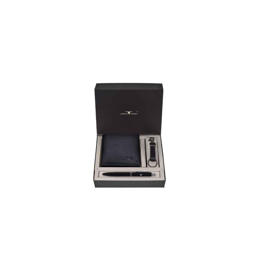 URBAN FOREST Marty Black Leather Wallet + Pen + Keyring Combo Gift Set for Men