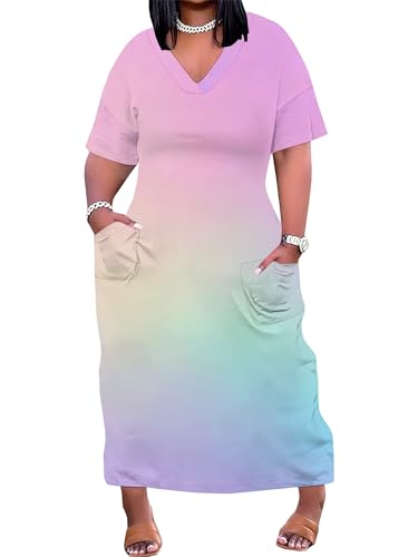 Image of SUZONANA Women Casual T-Shirt Dress V Neck Short Sleeve Solid Color Oversize Dress with Front Two Pockets