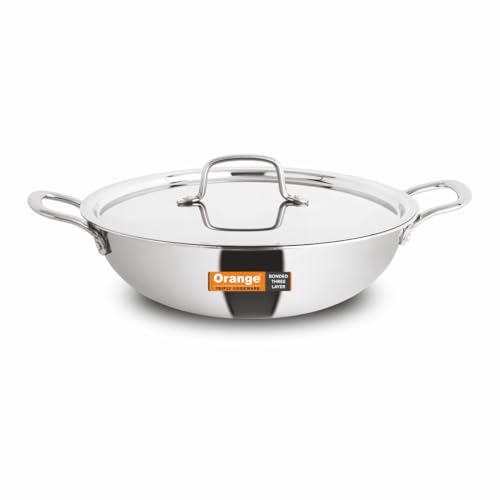 Image of Orange Triply Jumbo Stainless Steel Deep Kadai with Steel Lid (S.S. Lid) 6.5 LTR, 32cm Diameter | Induction Friendly | Heavy Bottom with Cool Touch Handle | 2.5mm Thickness | 5Year Warranty
