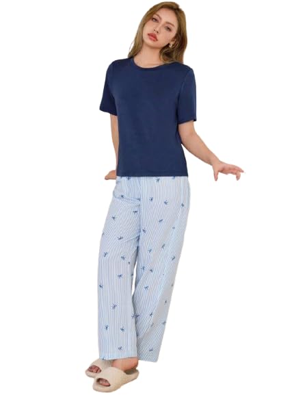 Women's Pajama Set, Navy Blue Short Sleeve Top with Striped Bow Print Lounge Pants-picture-10