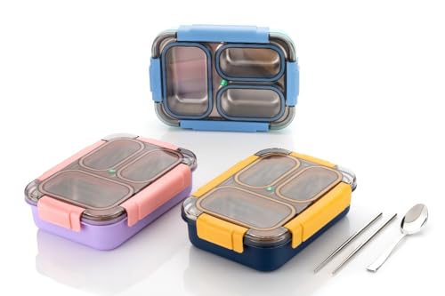 Image of Stainless Steel Leak Proof 3 Compartment Lunch Box for Office /School /College 3 Containers Lunch Box (900 ml,)