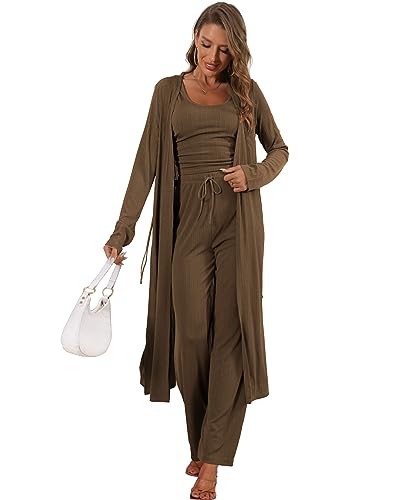 Image of 3 Piece Lounge Sets for Women Airport Travel Outfit | Long Cardigan，Tank Top ，Wide Leg Pants with Pockets，Comfy Loungewear，Casual Chic， Airplane Clothing，Vacation Matching Set