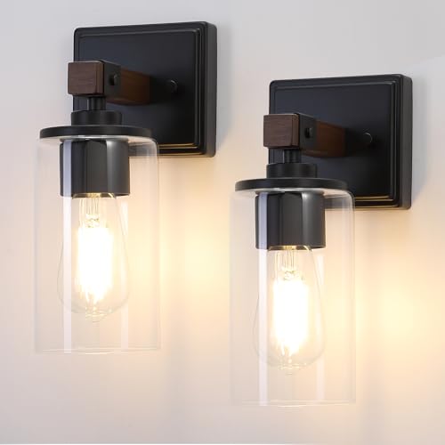 Image of Wall Sconces Set of 2, Farmhouse Rustic Vanity Wall Light Fixture Hardwired | Dark Brown Wood Grain Rustic Wall Sconce with Clear Glass Shade for Mirror, Bathroom, Bedroom, Hallway, E26(Bulbs Not Includ)