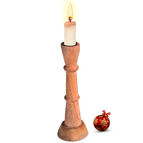 Image of Pure Source India Wooden Candle Holder for Taper Candles, Natural Mango Wood Vintage Style 20cm Tall Candle Stand for Fireplace Dining Table Centrepiece, Decorative Item for Home