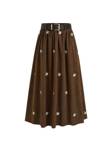 CIDER Skirts for Women Corduroy Floral Embroidery Mid Waist Ruffle Pocket A Line Maxi Skirt with Belt