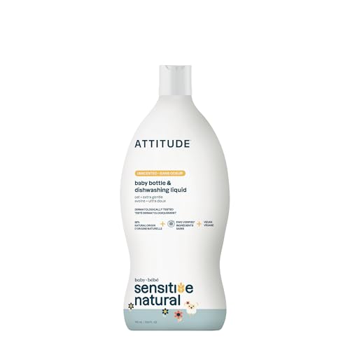 Image of ATTITUDE Baby Bottle & Dish Soap with Oat Extract, EWG Verified Bottle Cleaner For Sensitive Skin, Fragrance Free & Dye Free, Removes Milk Residue & Grease, Vegan, Unscented, 23.7 Fl Oz