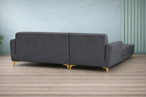 Image of Adorn India Premium Luster 8 Seater L Shape Sofa Set with 2 Puffy & 1 Center Table | Velvet Suede Fabric | 3-Year Warranty | LHS | Dark Grey with Golden Legs & Striped Pattern Cushion