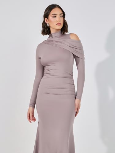 Image of Styli Women Brown Cut-Out Detail High Neck Draped Maxi Dress | High Neck, Ruching Detail, Pleated Long Sleeves, Zip Closure, and Flattering Maxi Length for an Elegant Look.