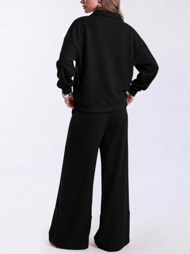 Fisoew Womens 2 Piece Sets Outfits V Neck Long Sleeve Top Wide Leg Pants - image 4