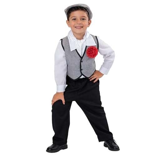 Fato de carvão tradicional madrilenho conjunto completo de 6 peças com colete, camisa e lenço disfarce para festas tradicionais San Isidro para crianças, Branco preto