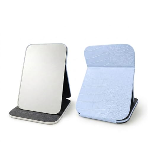 Image of Foldable PU Leather Makeup Mirror for Women, Clear Frameless Travel Vanity Mirror with Stand, Portable Desk Dressing Mirror for Makeup, & Office Use, Crocodile Texture Design 16 x 11 cm(Blue)