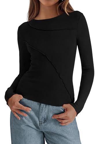 KIRUNDO Womens Tops Boat Neck Long Sleeve Ribbed Knit Slim Fit Stretch Shirts Workout Going Out Top Early Fall Fashion