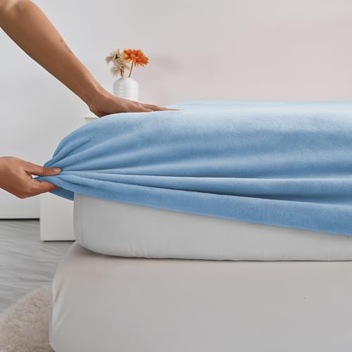 Image of BSB HOME Luxury Warm Winter Elastic Fitted Bedsheet with 2 Pillow Covers - Ultra Soft Flannel Velvet Touch, Cozy & Wrinklefree lintfree Size - 78x72+10 Inches, Aqua Blue