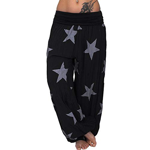 Vertvie Damen Hosen Lang Bedrucken Pumphose Haremshose Sommerhose Yogahose Aladinhose Baggy Harem Stil mit Elastischen Bund(Schwarz 1, 48)