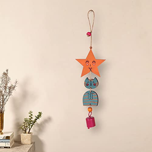 Image of Aakriti Art Creations Turquoise Kitty Wind Chime Multicolor | Handmade Modern Art Wooden & Metal Wind Chime | Matte Decorative Wind Chimes for Balcony, Garden, Living Room & Gifting