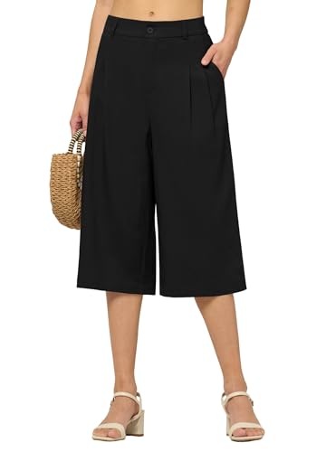 Willit Women's Linen Capri Pants Wide Leg Dress Casual Summer Pleated Capri High Waisted with Pockets 16