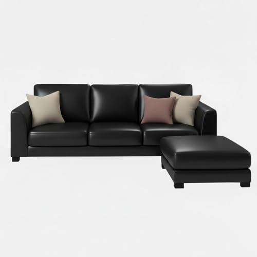 Image of FURNY Revona 4 Seater L Shape Sofa Set with Movable Ottoman | Flexible Left or Right Layout | Premium Leatherette Upholstery (Black) | Perfect for Living Room, Guest Room & Office