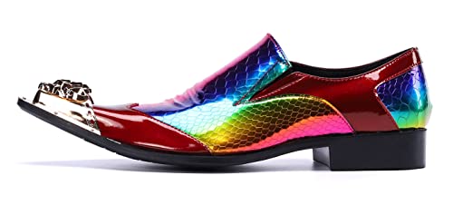 Santimon Mens Metal-Cap Formal Shoes Rainbow Snake Pattern Leather Composite Stitched Details Dress Party Prom Loafers for Men3