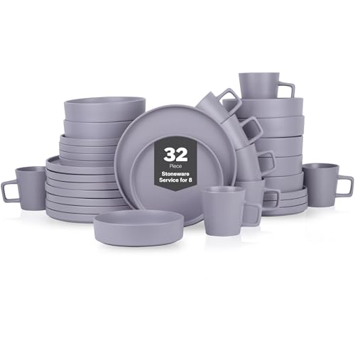 Image of Stone Lain Cleo Stoneware 32-piece Round Dinnerware Set, Light Gray,Service For 8,Coupe - Celina