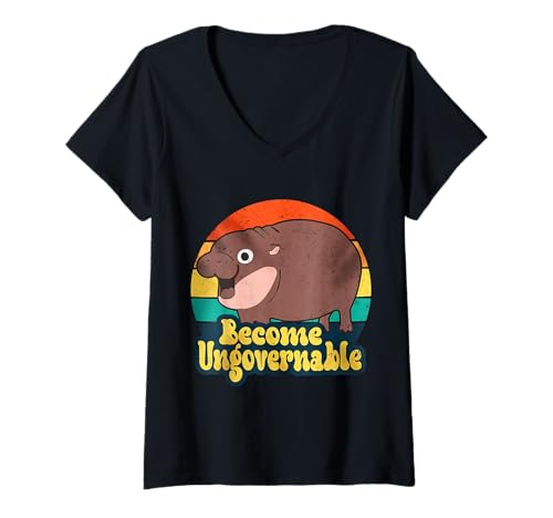 Mujer Divertido hipopótamo pigmeo 'Become Ungovernable' Retro Camiseta Cuello V