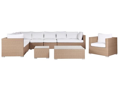Beliani Modernes Gartenset aus Polyrattan in Sand Beige mit Auflagen in Weiß XXL