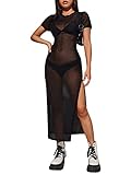 Verdusa Women's Split Thigh Sheer Mesh Short Sleeve Long Bodycon Cover Up Beach Wear Dress Black S