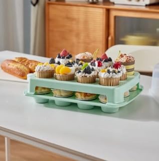 Top Shelf Elements Cupcake Carrier, EXTRA TALL LID, Green Cupcake Holder Carries 24 Standard-Size Cupcakes, Muffin Traveler Two Tier Stand Reusable Cupcake Box