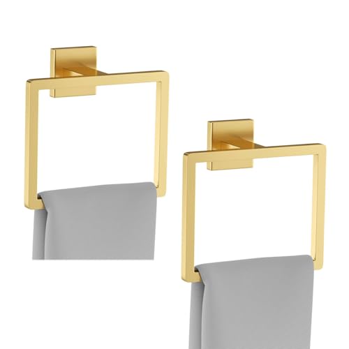 Image of 2-Piece Brushed Gold Towel Ring,Square Hand Towel Holder,Stainless Steel Modern Towel Holder Wall-Mounted Bathroom Towel Ring Towel Rack