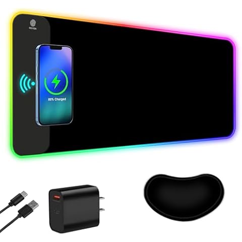 ToLuLu Wireless Charging RGB Gaming Mouse Pad, 15W LED Mouse Mat with 30W Charger, 14 Light Modes Large Mousepad Wrist Support, Non-Slip Rubber Base Desk Mat Computer PC Keyboard Pad XXL, Cool Black Cover
