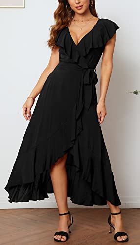 Image of Kormei Womens Sleeveless Ruffle V Neck High Low Party Long Maxi Dress with Belt M D16-Black