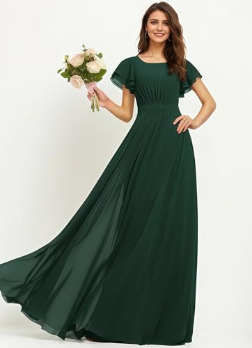 Flutter Sleeve Bridesmaid Dresses Scoop Neck Mother of Bride Dress for Women Chiffon Ruched Formal Evening Gown M042
