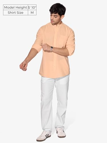 Image of The Souled Store Classic Maroon Men and Boys Long Sleeves Mandarin Collared Neck Button Front Solid Regular Fit Cotton Linen Shirts