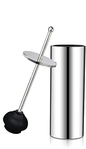 Chrome Toilet Plunger with Holder Bathroom Metal Canister Holder Drip Cup, Heavy Duty, Deep Cleaning Silver