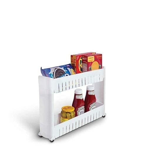 Image of 2 Layer Storage Organizer Slim Rack Shelf with Wheels for Easy Movement with Slide | Unbreakable Plastic, white (2 Layer Slim Rack)