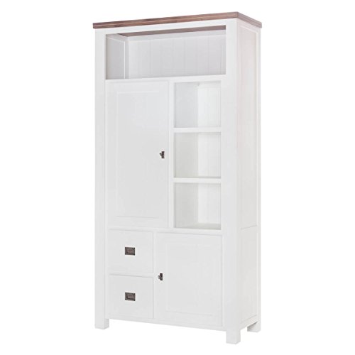 MÖBEL IDEAL Highboard Lyron - Schrank im Landhausstil I B100 x H200 x T45 cm I Hochschrank in Weiß & Braun lackiert Cover