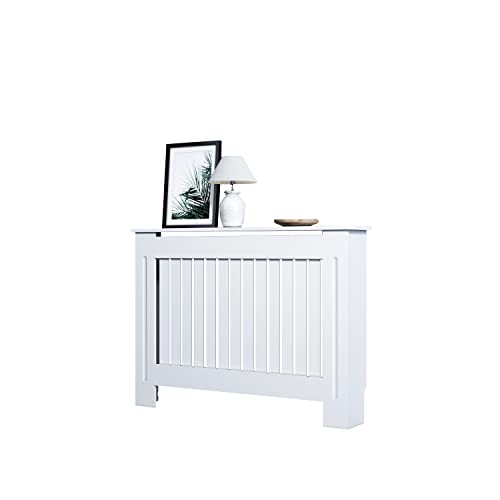 SONNI Heizkörperverkleidung Groß Modern Vertikal Lamell Weiß Lackiert Schrank Heizkörper Abdeckung für Wohnzimmer Schlafzimmer Küche 112x19x81.5cm GRCV11W.