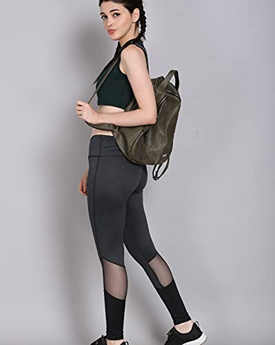 Image of The Dance Bible Women High Waist Solid Charcoal Grey Mesh Net Design Gym Leggings Tights with Back Zip Pocket (Small, Waist: 27-28 inches)