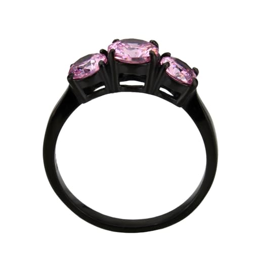 Goth Princess Round Pink 3-Stone Cubic Zirconia Cubic Zirconia CZ Engagement Ring, Black Hypoallergenic 316L Stainless Steel2