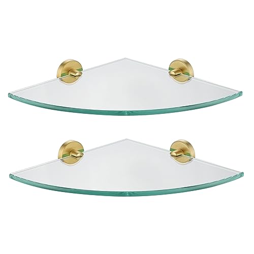 JQK Corner Glass Shelf Brushed Gold Bathroom 304 Stainless Steel Shower Triangle Floating Wall Shelf 10 x 10 Tempered Glass 2 Pack TGS190L10-BG-P2