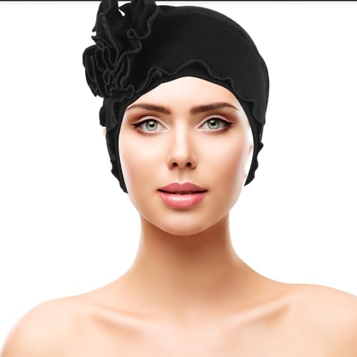 Gorro oncológico de modal negro con flores de alta calidad y transpirable 6