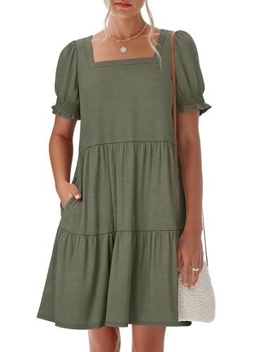 Image of ANRABESS Women Summer Square Neck Puff Short Sleeve Mini Dress 2026 Casual Flowy Sundress Beach Vacation Clothes with Pockets