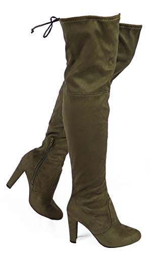 Wild Diva Amaya-01 Women's Thigh High Sexy Over The Knee Pullon Trendy Comfortable Chunky High Heel Boots - Olive 8.5